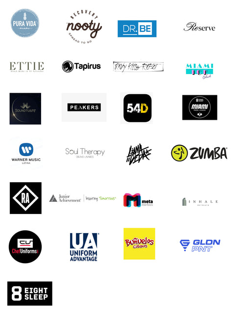 Grid of client logos for brands Anyelika Perez has worked with including Pura Vida, Zumba and 54D