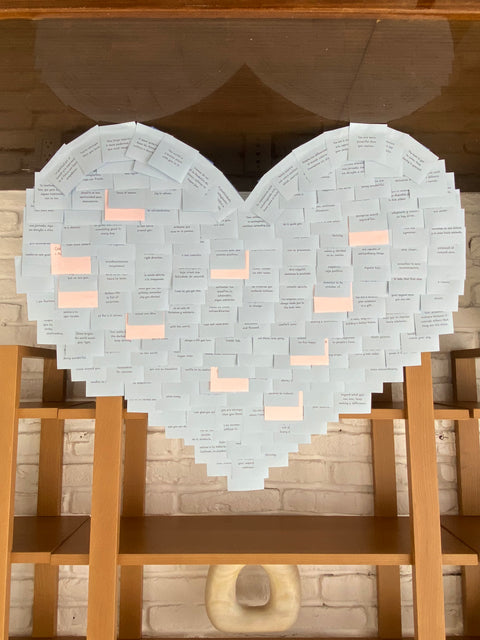 Pura Vida Miami storefront with pastel heart installation built from handwritten customer messages on valentine week