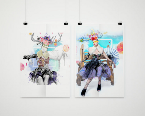 Colorful fashion portrait from Vision to Blossom project blending illustration and photography with Annette Palmar also Creative Art Director Miami Base