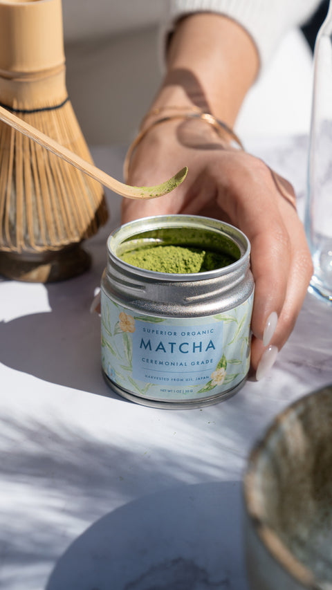 Product lifestyle photo of Pura Vida ceremonial matcha jar with spoon and hand in frame